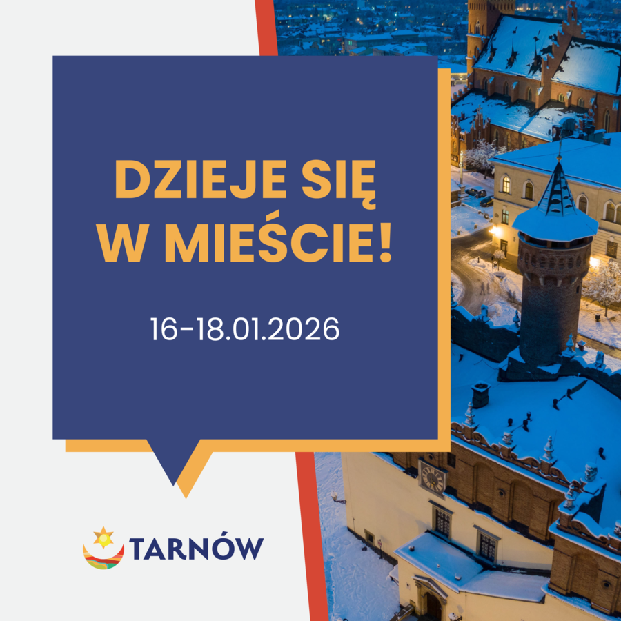 Na zdjęciu tarnowski rynek przykryty śniegiem i napis "Dzieje się w mieście"